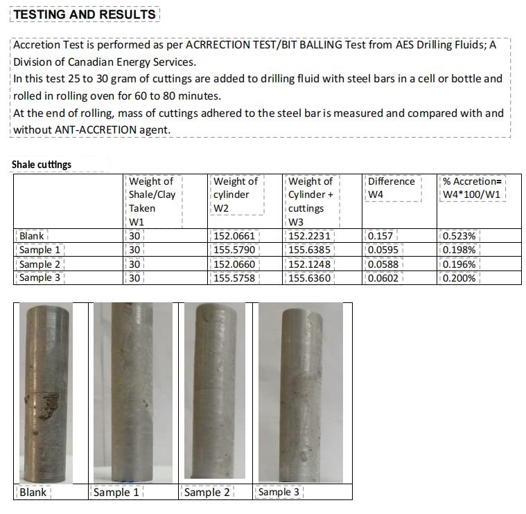 Accretion test report with steel bar photographs