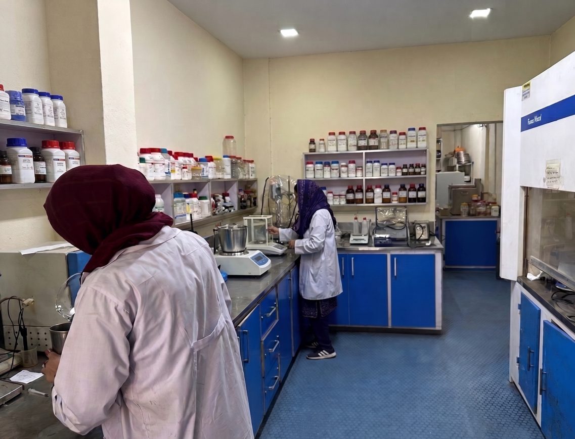Redox chemists working at laboratory benches lined with reagent bottles